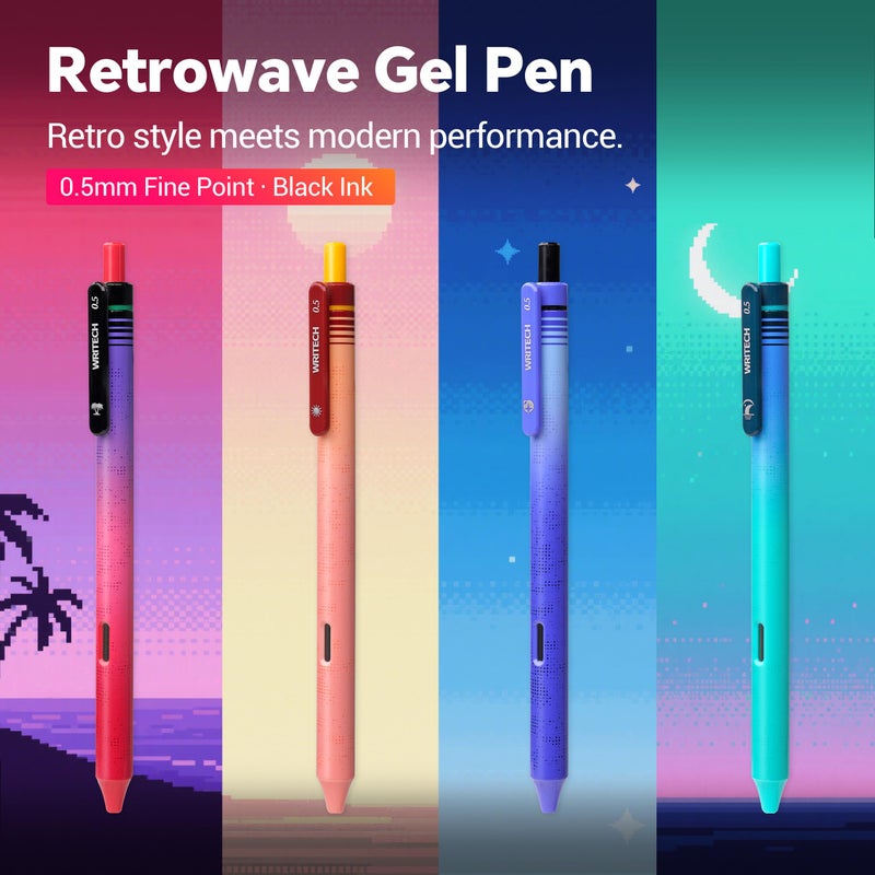 WRITECH Black Ink Gel Pens: 8-Pack Retrowave 0.5mm Fine Point Pens - Smooth Writing Silent Clicker and Refillable Perfect for School Office & Everyday Use. - Image 3