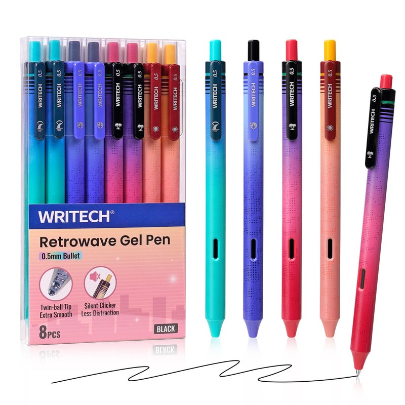 WRITECH Black Ink Gel Pens: 8-Pack Retrowave 0.5mm Fine Point Pens - Smooth Writing Silent Clicker and Refillable Perfect for School Office & Everyday Use. - Image 1