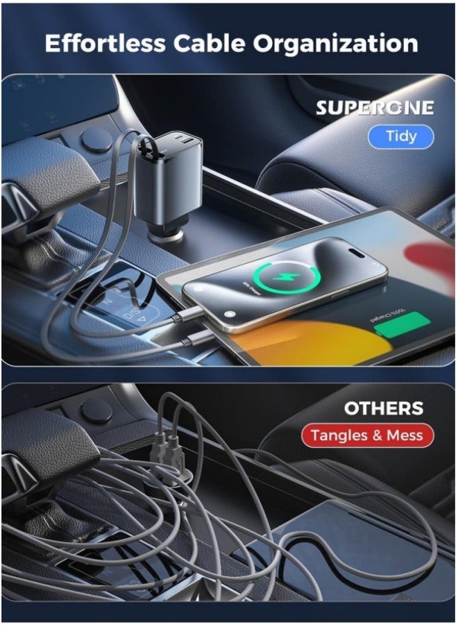 شاحن السيارة -محول 4 -in -1 سريع الشحن مع كابلات Lightning  Type C القابلة للطي ، ومنافذ USB المزدوجة وشاشة الجهد -متوافقة مع iPhone و iPad و Galaxy -Powerful Output - Image 2