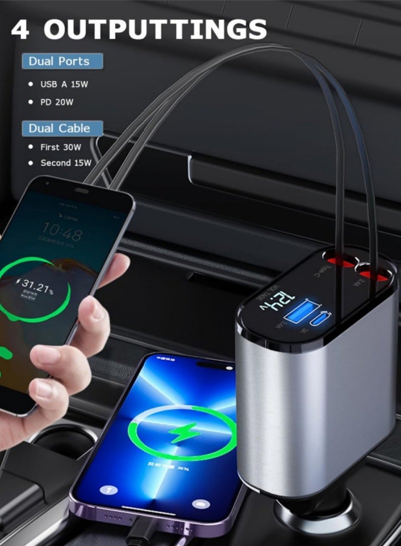 شاحن السيارة -محول 4 -in -1 سريع الشحن مع كابلات Lightning  Type C القابلة للطي ، ومنافذ USB المزدوجة وشاشة الجهد -متوافقة مع iPhone و iPad و Galaxy -Powerful Output - Image 4