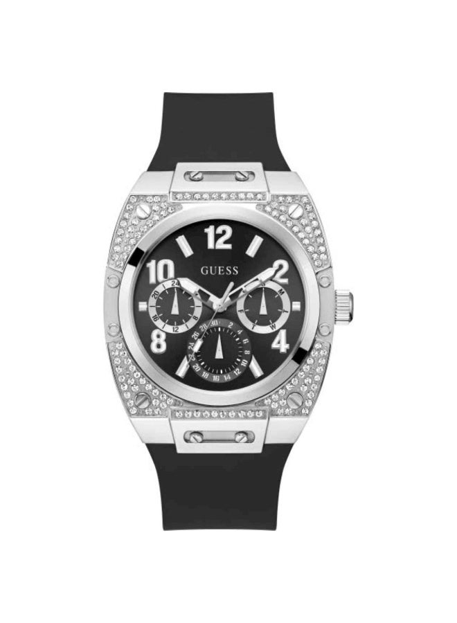 GUESS ساعة رياضية للرجال بحزام أسود من السيليكون بقرص فضي مرصع بالألماس GW0623G1 - Image 1