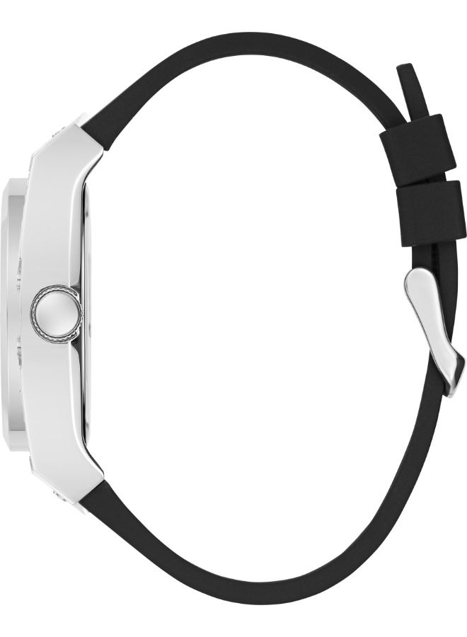 GUESS ساعة رياضية للرجال بحزام أسود من السيليكون بقرص فضي مرصع بالألماس GW0623G1 - Image 3