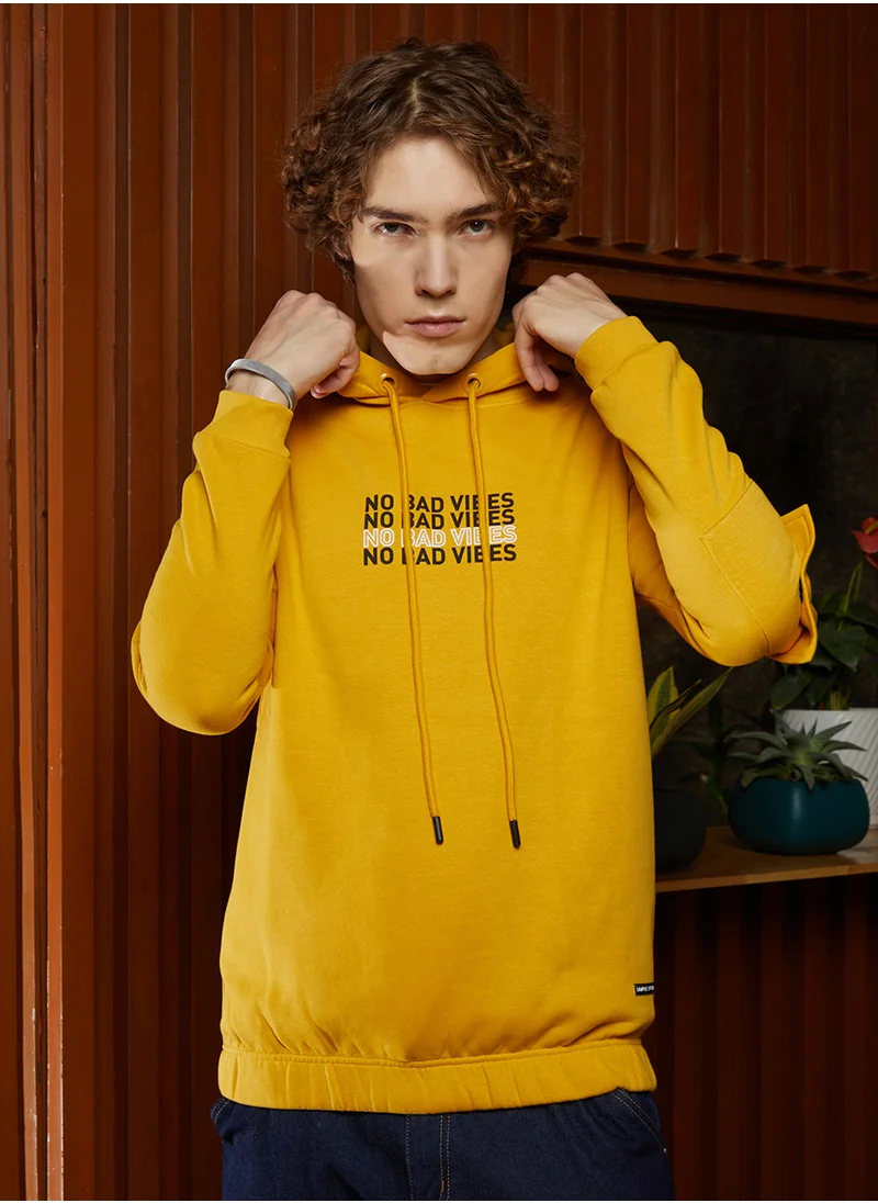 Campus Sutra Men's Mustard Yellow No Bad Vibes Pullover Hoodie
