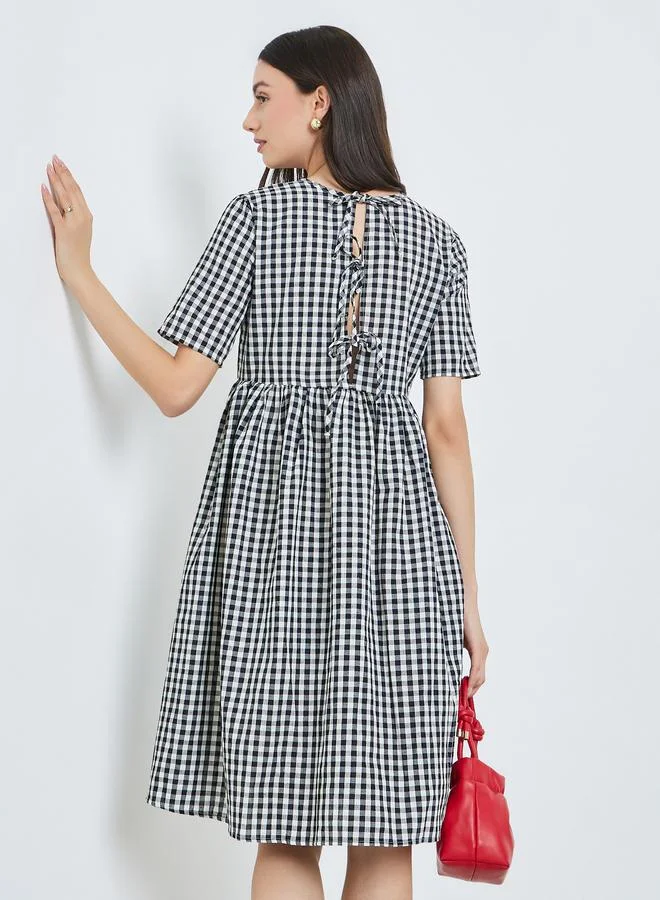 Take Two Black Gingham Check Midi Dress with Tie Back