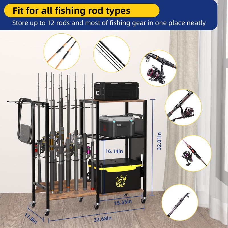 aledaras Fishing Rod Holders, Fishing Pole Holders, Fishing Gear Tackle Cart, Fishing Equipment Organizers for Garage, Fits Most Rods of 1.57" (40mm) Diameter, hold up to 12 Rods or Combos - Image 4