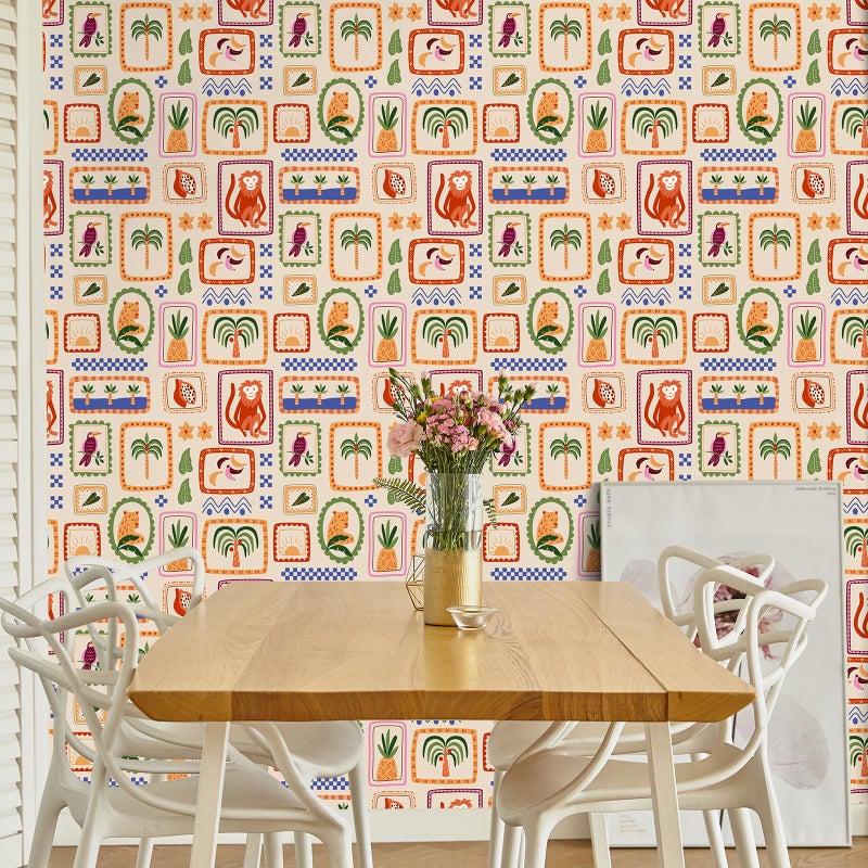 VaryFloral Leopard Monkey Tropical Wallpaper Peel and Stick Jungle Animal Pineapple Fruit and Geometry Wallpaper for Living Room Removable Hawaiian Floral Animal Contact Paper for Cabinet 17.7"x157" - Image 3
