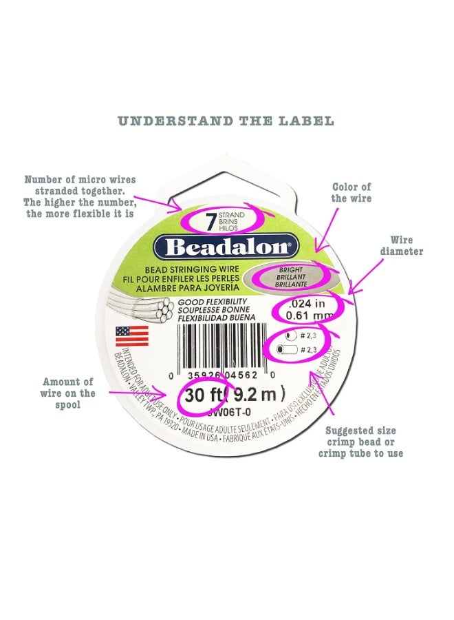 Beadalon 7 Strand Stainless Steel Bead Stringing Wire, .015 in / 0.38 mm, Bright, 30 ft / 9.2 m - Image 2
