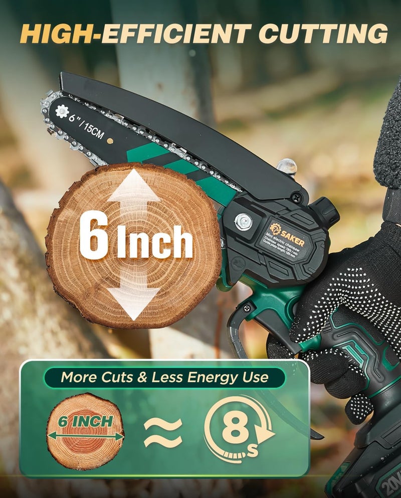 Saker Mini Chainsaw with Auto Oiler|6 Inch Chainsaws[2025 Upgraded]|Mini Cordless Electric Chain Saw|Small Handheld Portable Chainsaw Battery Powered for Tree Trimmer and Garden 2 Batteries+3 Chains - Image 3
