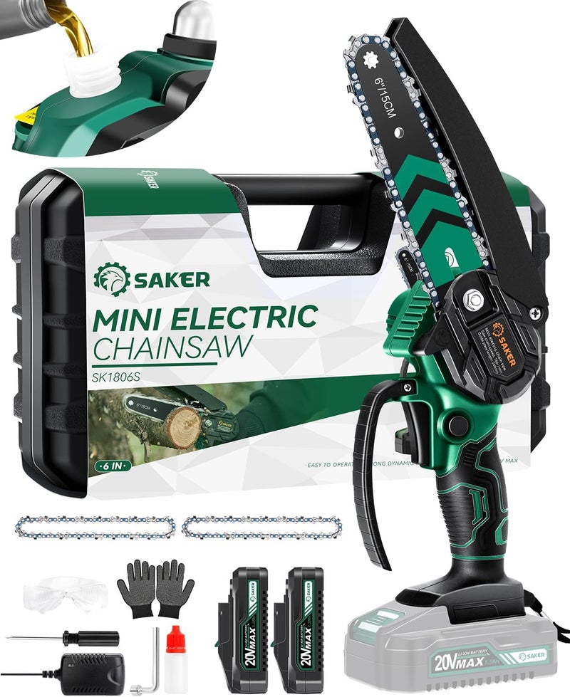 Saker Mini Chainsaw with Auto Oiler|6 Inch Chainsaws[2025 Upgraded]|Mini Cordless Electric Chain Saw|Small Handheld Portable Chainsaw Battery Powered for Tree Trimmer and Garden 2 Batteries+3 Chains - Image 1