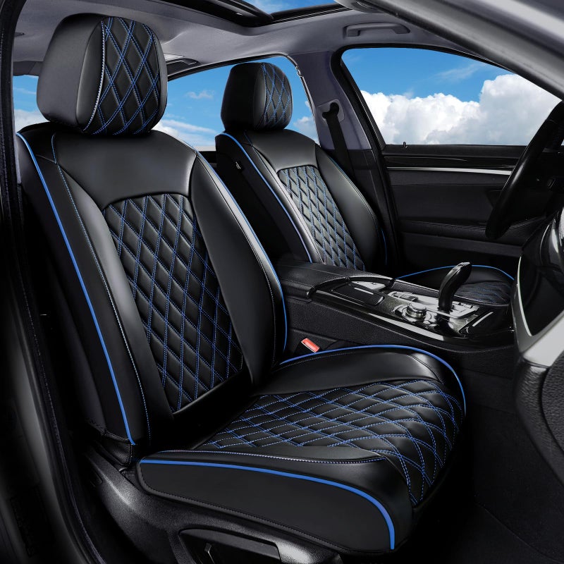 Huidasource Car Seat Covers Front Seats, Leather Front Seat Covers, Truck Seat Covers Universal Fit Front Seat, Airbag Compatible, for Most Cars, Vans, Trucks, SUVs(Front Pair/Black&Blue) - Image 1