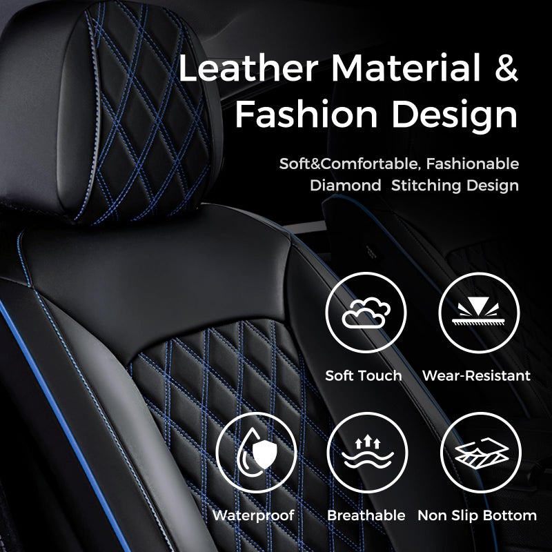 Huidasource Car Seat Covers Front Seats, Leather Front Seat Covers, Truck Seat Covers Universal Fit Front Seat, Airbag Compatible, for Most Cars, Vans, Trucks, SUVs(Front Pair/Black&Blue) - Image 2