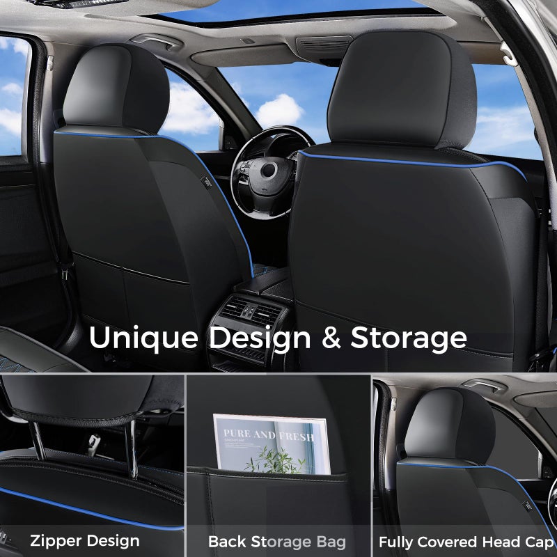 Huidasource Car Seat Covers Front Seats, Leather Front Seat Covers, Truck Seat Covers Universal Fit Front Seat, Airbag Compatible, for Most Cars, Vans, Trucks, SUVs(Front Pair/Black&Blue) - Image 4
