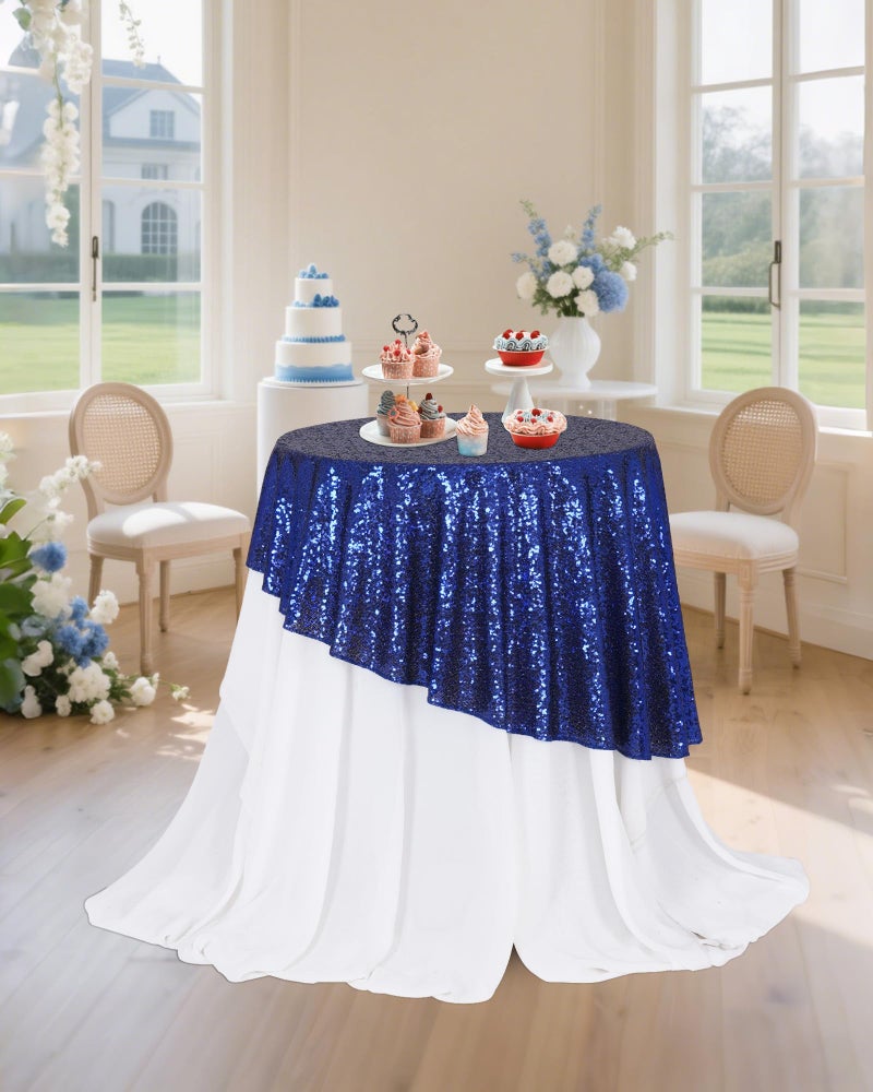PartyDelight Sequin Tablecloth Navy Blue Round 50" for Wedding Party Birthday Bridal Baby Shower and Other Events Decorations - Image 2