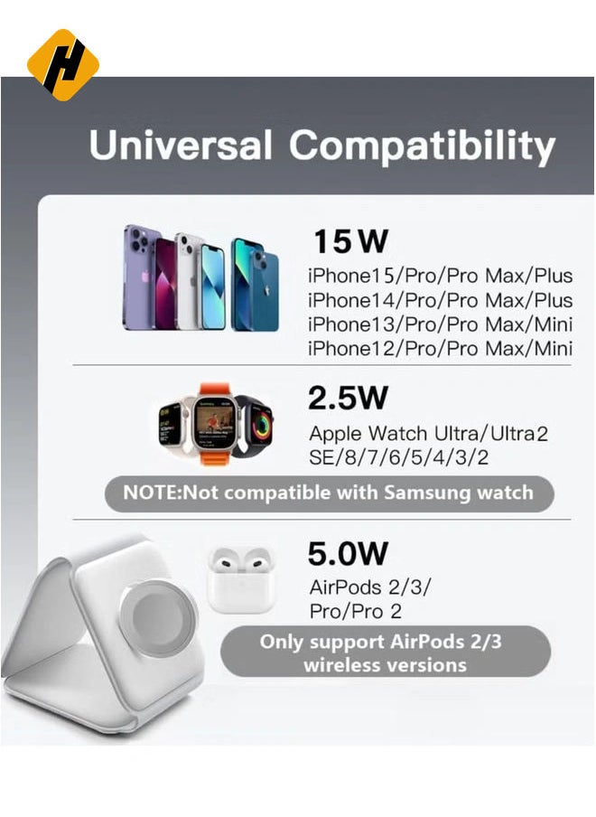 HuHa - 3-in-1 Foldable Magnetic Wireless Charger – 15W Mag-Safe Charging Station for iPhone, Apple Watch, and AirPods (White) - Image 1