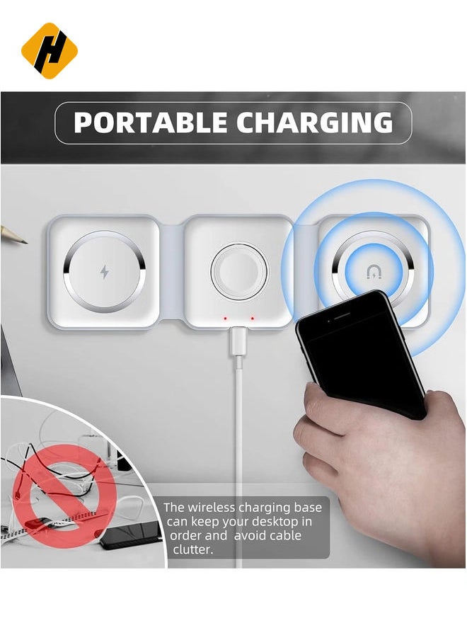 HuHa - 3-in-1 Foldable Magnetic Wireless Charger – 15W Mag-Safe Charging Station for iPhone, Apple Watch, and AirPods (White) - Image 1