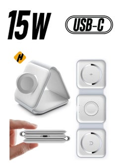3-in-1 Foldable Magnetic Wireless Charger – 15W Mag-Safe Charging Station for iPhone, Apple Watch, and AirPods (White)