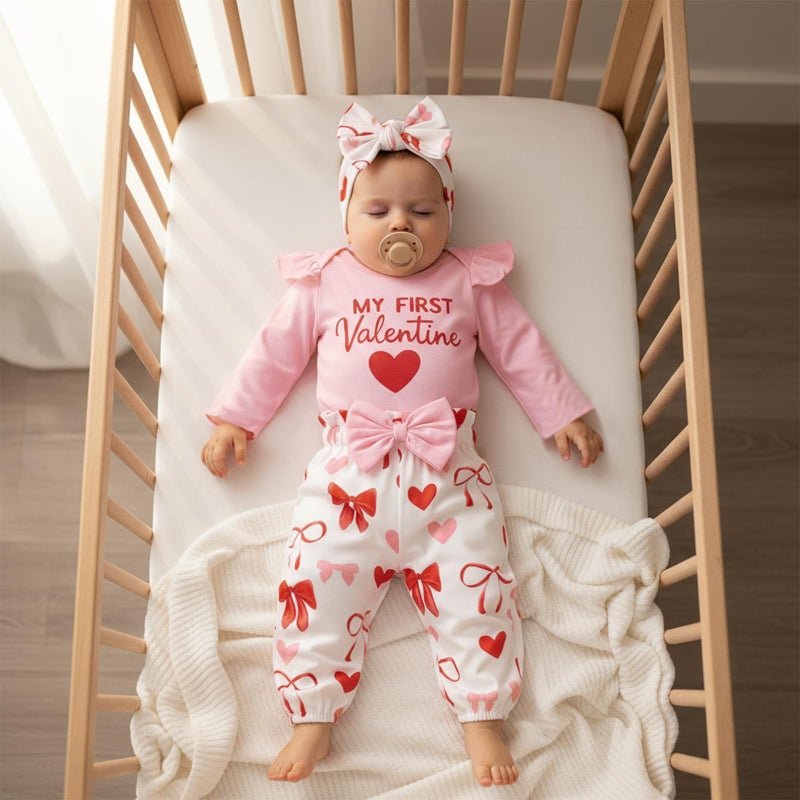 allshope Infant Baby Girl My First Valentine's Day Outfit Heart Romper Jumpsuit Bodysuit Pant Set Newborn Fall Clothes (My First Valentine Pink, 12-18 Months) - Image 4