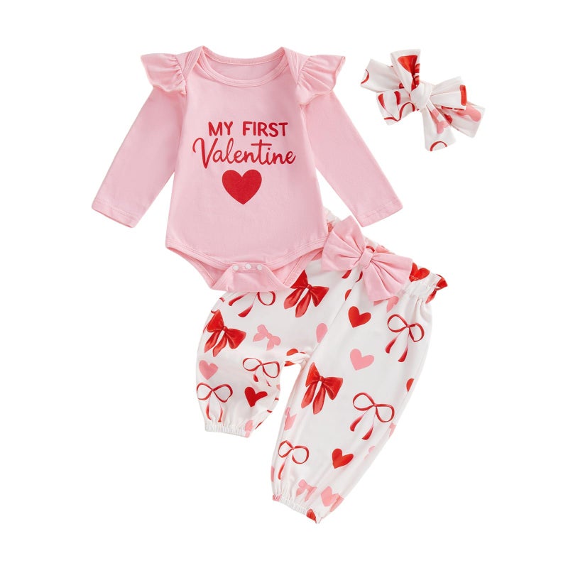 allshope Infant Baby Girl My First Valentine's Day Outfit Heart Romper Jumpsuit Bodysuit Pant Set Newborn Fall Clothes (My First Valentine Pink, 12-18 Months) - Image 1