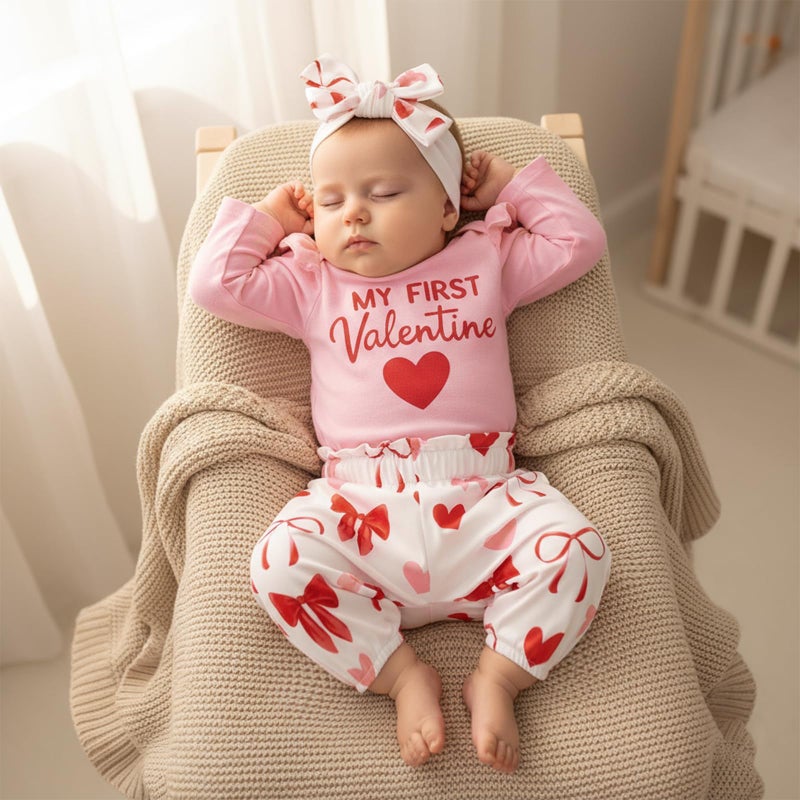 allshope Infant Baby Girl My First Valentine's Day Outfit Heart Romper Jumpsuit Bodysuit Pant Set Newborn Fall Clothes (My First Valentine Pink, 12-18 Months) - Image 5
