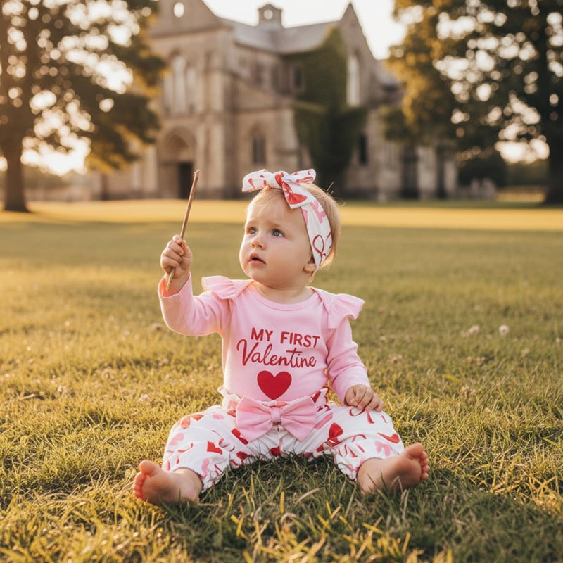 allshope Infant Baby Girl My First Valentine's Day Outfit Heart Romper Jumpsuit Bodysuit Pant Set Newborn Fall Clothes (My First Valentine Pink, 12-18 Months) - Image 2