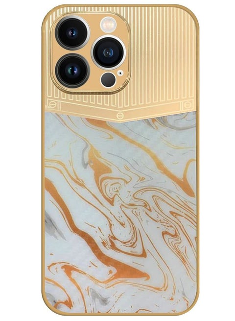iPhone 13 Pro Luxury Gold Plated Case Hybrid Electroplated Frame Back Cover with Carbon Fiber Texture Marble Pattern White/Gold