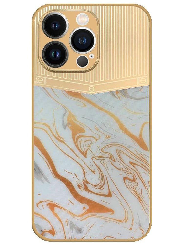 JOWAY iPhone 13 Pro Luxury Gold Plated Case Hybrid Electroplated Frame Back Cover with Carbon Fiber Texture Marble Pattern White/Gold  - Image 1