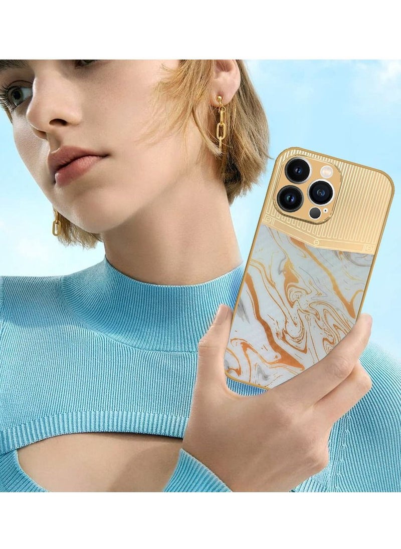 JOWAY iPhone 13 Pro Luxury Gold Plated Case Hybrid Electroplated Frame Back Cover with Carbon Fiber Texture Marble Pattern White/Gold  - Image 4