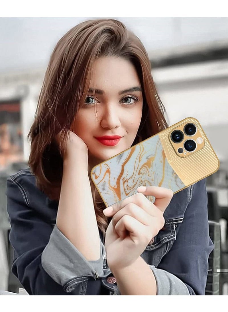 JOWAY iPhone 13 Pro Luxury Gold Plated Case Hybrid Electroplated Frame Back Cover with Carbon Fiber Texture Marble Pattern White/Gold  - Image 5