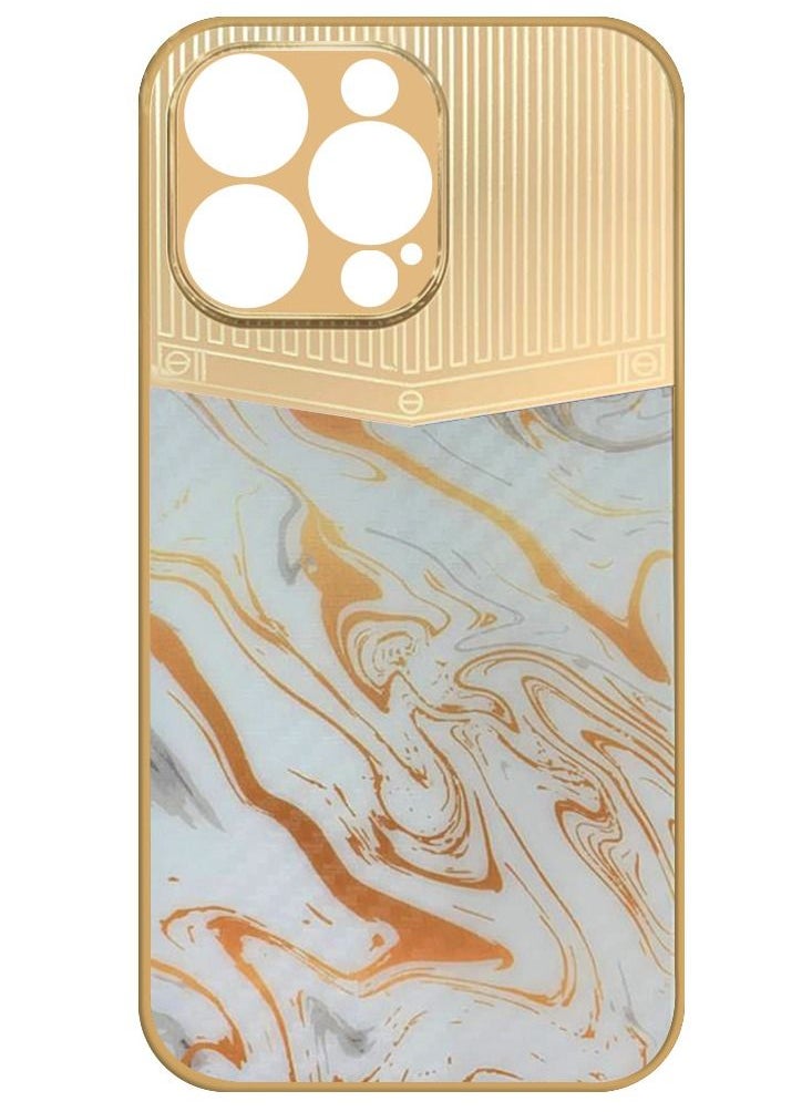 JOWAY iPhone 13 Pro Luxury Gold Plated Case Hybrid Electroplated Frame Back Cover with Carbon Fiber Texture Marble Pattern White/Gold  - Image 2