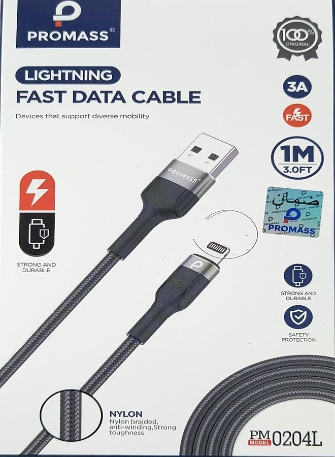 بروماس العربية: كابل شحن سريع Lightning، نقل بيانات عالي السرعة 3A، كابل مضفر نايلون متين بطول 1 متر - Image 1