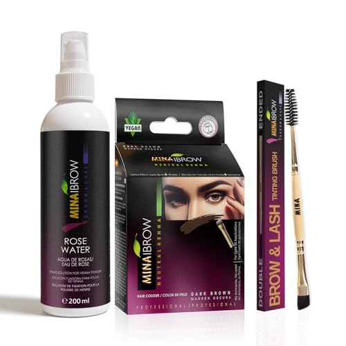 MinaiBrow Instant Hair Dye Kit Dark Brown Natural Spot Coloring Tinting Powder with Rose Water Duo Angled Brush Water Smudge Proof 100 Grey Coverage Upto 30 Applications - Image 1
