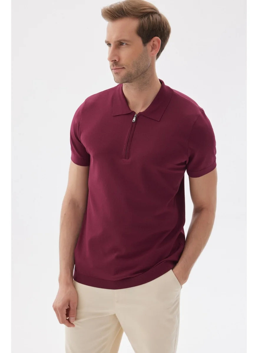 Odelon Limited Men's Plain Zipper Polo Collar Rayon Knitwear T-Shirt Claret Red