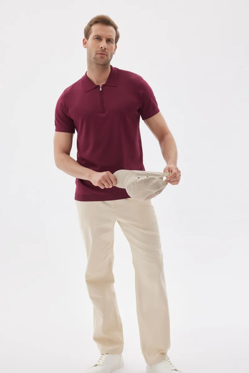 Odelon Limited Men's Plain Zipper Polo Collar Rayon Knitwear T-Shirt Claret Red