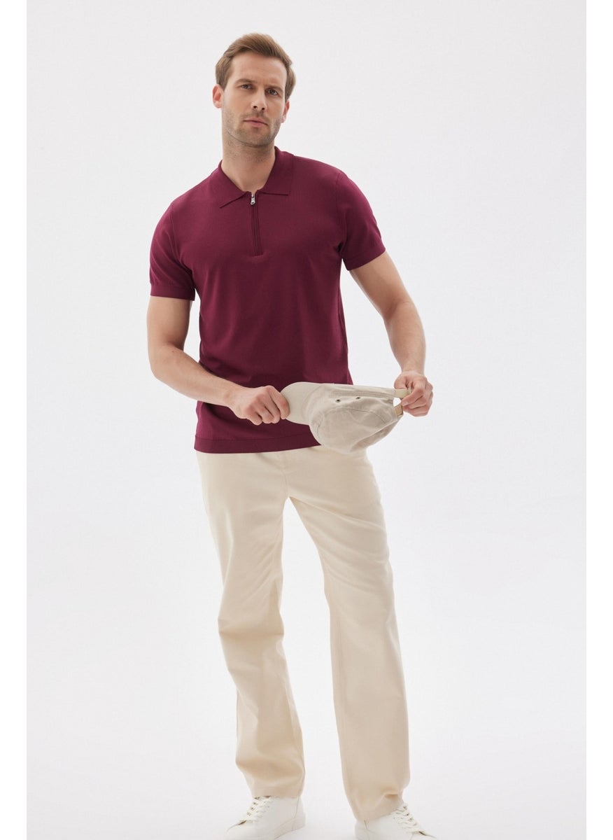 Odelon - Limited Men's Plain Zipper Polo Collar Rayon Knitwear T-Shirt Claret Red - Image 1