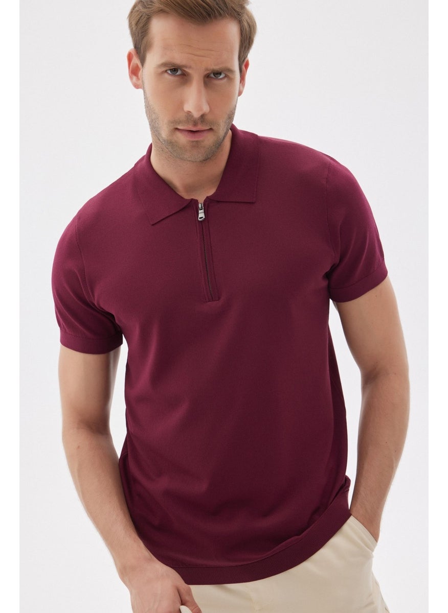 Odelon - Limited Men's Plain Zipper Polo Collar Rayon Knitwear T-Shirt Claret Red - Image 1
