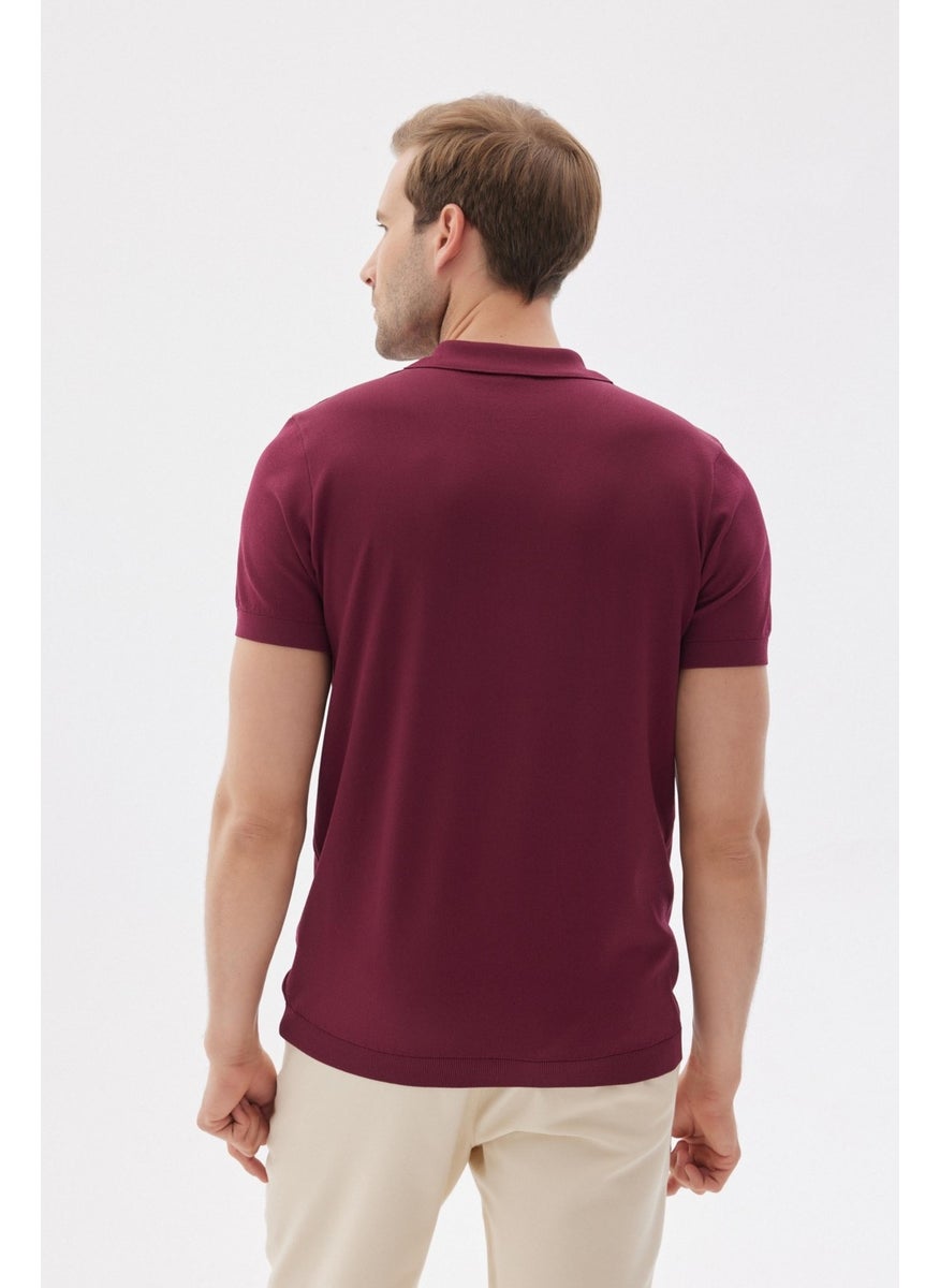 Odelon - Limited Men's Plain Zipper Polo Collar Rayon Knitwear T-Shirt Claret Red - Image 1