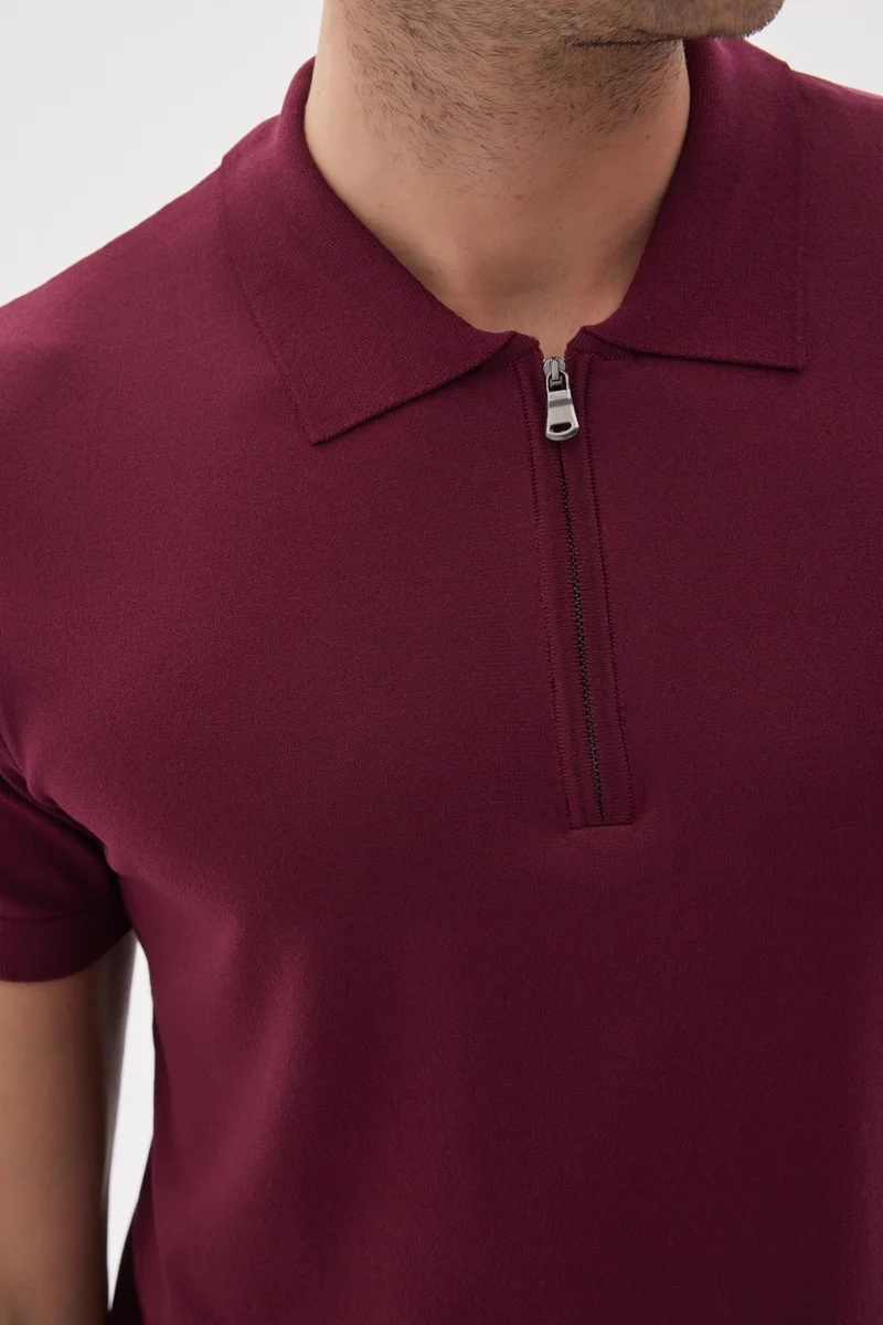 Odelon Limited Men's Plain Zipper Polo Collar Rayon Knitwear T-Shirt Claret Red