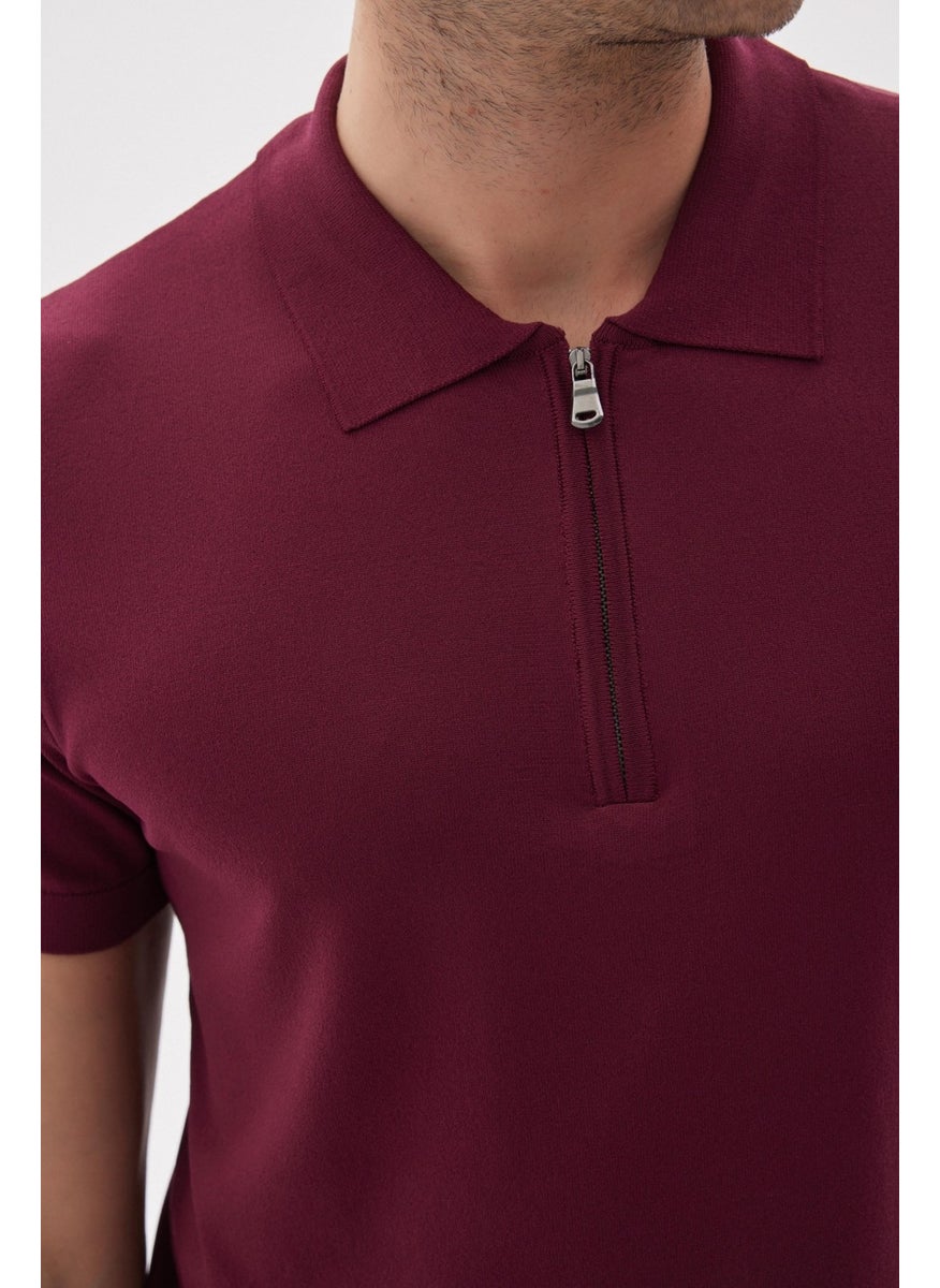 Odelon - Limited Men's Plain Zipper Polo Collar Rayon Knitwear T-Shirt Claret Red - Image 1