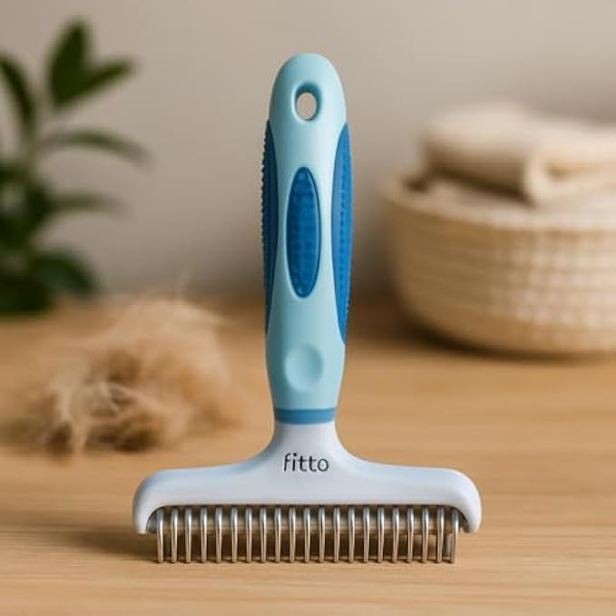 Fitto Pet Brush for Dogs & Cats - Blue Grooming & Deshedding Brush 15.5 x 11 cm - Handheld Hair Remover for Small to Medium Pets - Image 2