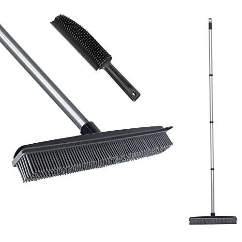 Lanhope Rubber Broom with Squeegee Fur and Long Handle, Carpet Rake and Lint Brush Set for Pet Dog Cat Hair Removal Tool, Sweeping Rug Brush Indoor Outdoor,Push Broom for Soft Carpet,Tile,Wooden Floor - Image 1