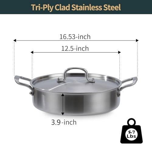 Yeksum Saute Pan, 7 Quart Tri-Ply Stainless Steel Saute Pan, 12inch Deep Frying Pan with Lid, Saute Skillet, Rondeau Pot with Lid Compatible with All Cooktops Up to 600℉ - Image 3