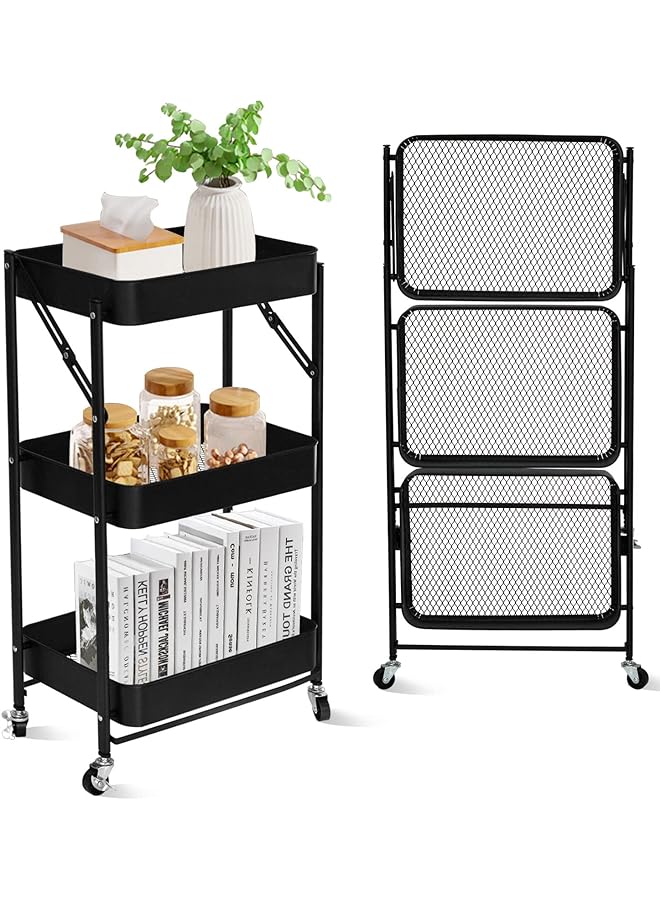 SKY-TOUCH Tier Foldable Metal Rolling Utility Cart Organizer 46X30X76Cm Multipurpose Organizer Trolley With Casters For Kitchen Bedroom Bathroom Office Laundry Room And Garage Black - Image 1