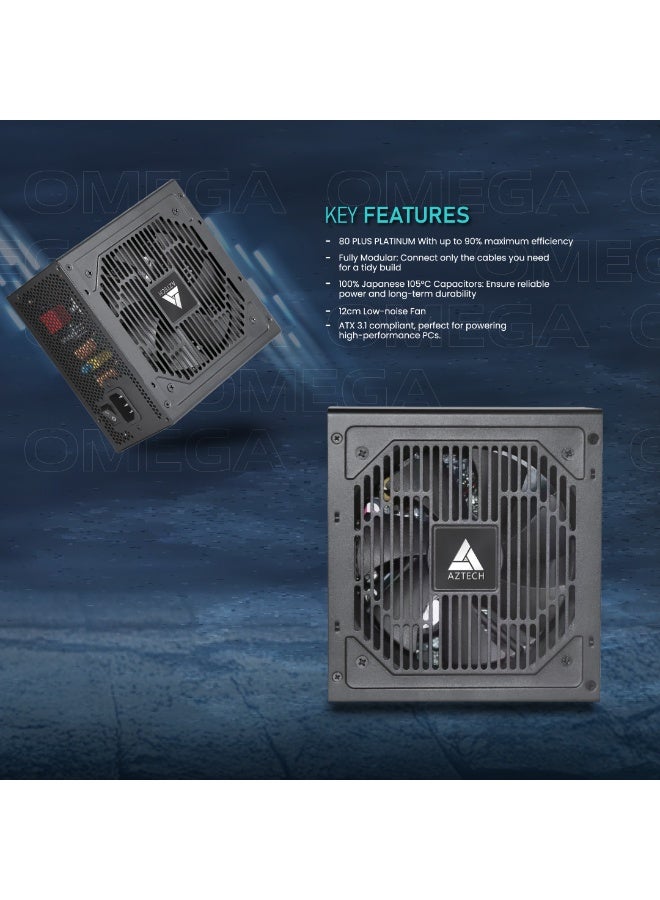 Aztech أوميغا 1050 واط 80 بلس بلاتينيوم ATX 3.1 & PCIe 5.1 جاهز مزود طاقة كامل التعديل مروحة هجينة فائقة الهدوء PSU 120 مم، مكثفات يابانية 105 درجة مئوية، تحكم في الضوضاء ZERO RPM مزود طاقة RTX 40 و Ryzen Intel - Image 3
