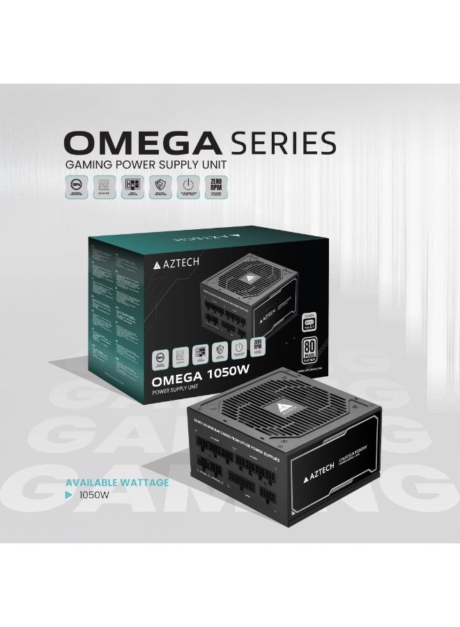 Aztech أوميغا 1050 واط 80 بلس بلاتينيوم ATX 3.1 & PCIe 5.1 جاهز مزود طاقة كامل التعديل مروحة هجينة فائقة الهدوء PSU 120 مم، مكثفات يابانية 105 درجة مئوية، تحكم في الضوضاء ZERO RPM مزود طاقة RTX 40 و Ryzen Intel - Image 1