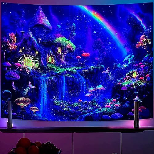 Kanuyee Blacklight Tapestry Neon Tapestry Wall Hanging Enchanted Forest Waterfall tapestries For Bedroom UV tapestries Wall Hanging for Bedroom and Living Room Fantasy 70×90 Inches - Image 3