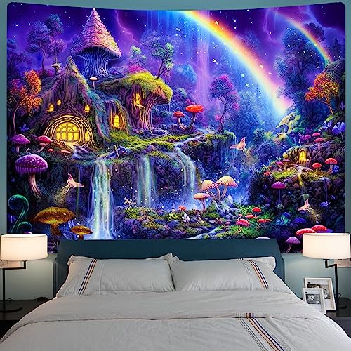 Kanuyee Blacklight Tapestry Neon Tapestry Wall Hanging Enchanted Forest Waterfall tapestries For Bedroom UV tapestries Wall Hanging for Bedroom and Living Room Fantasy 70×90 Inches - Image 4