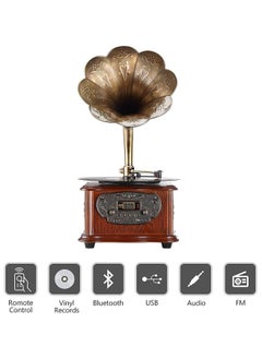 MJI Retro All-in-One Gramophone with Bluetooth, Copper Horn, 33/45 Turntable, Built-in Subwoofer & FM Radio  - Image 1