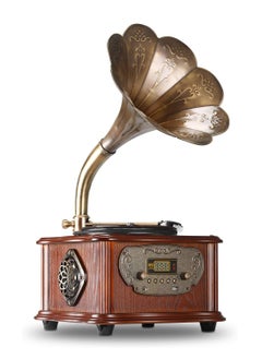 MJI Retro All-in-One Gramophone with Bluetooth, Copper Horn, 33/45 Turntable, Built-in Subwoofer & FM Radio  - Image 2