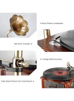 MJI Retro All-in-One Gramophone with Bluetooth, Copper Horn, 33/45 Turntable, Built-in Subwoofer & FM Radio  - Image 3