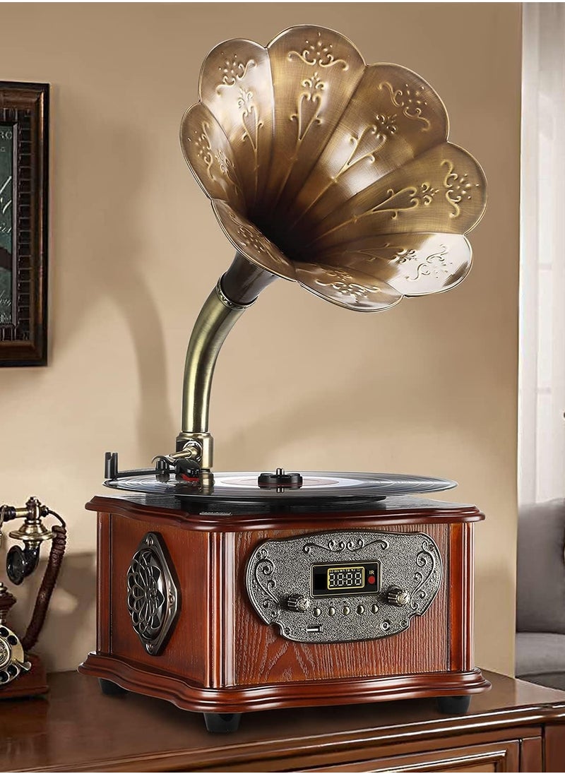 MJI - Retro All-in-One Gramophone with Bluetooth, Copper Horn, 33/45 Turntable, Built-in Subwoofer & FM Radio - Image 1